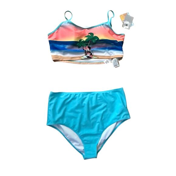 Disney Mickey Mouse Palm Tree Beach Sunset High Waist Bikini Set XL NWT Swimwear - Picture 2 of 15